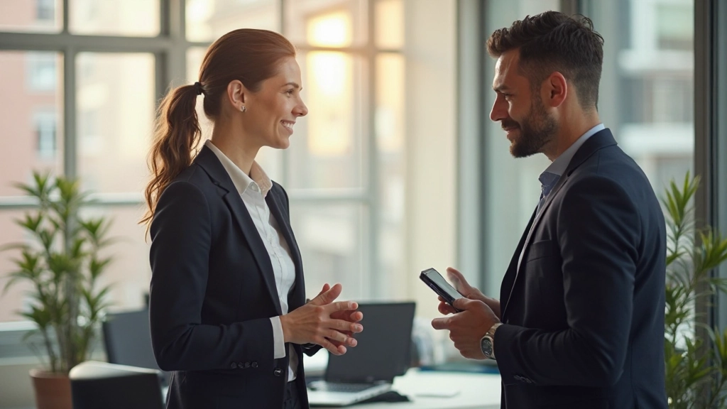 Professionele leider voert duidelijk en empathisch gesprek met teamlid in modern kantoor