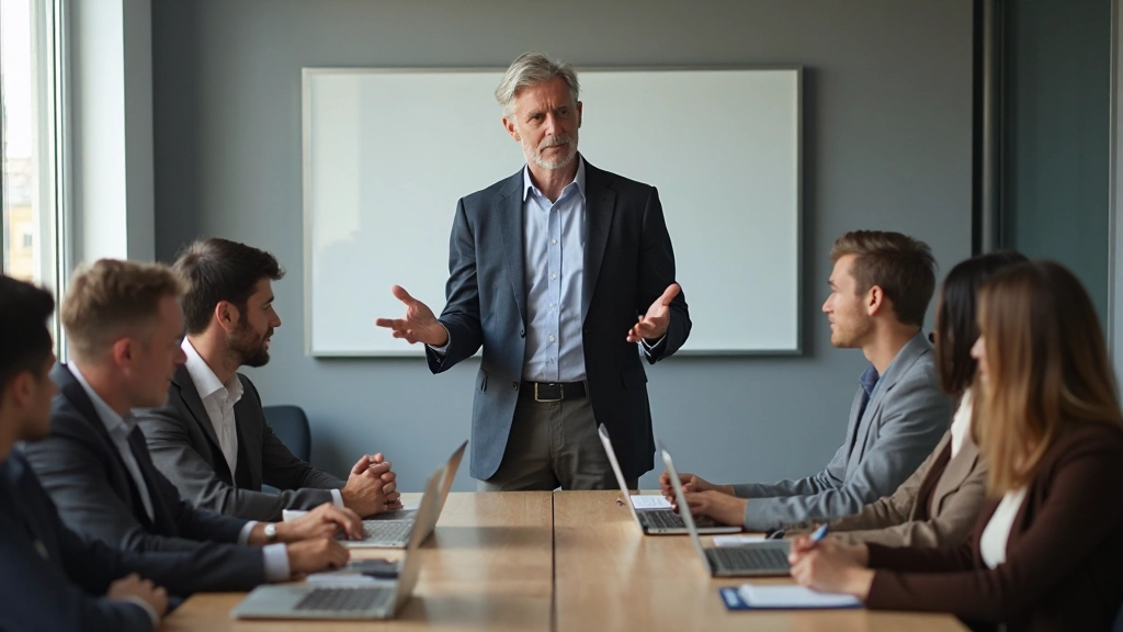 Professionele man in pak leidt teamvergadering met diverse teamleden rond tafel in modern kantoor