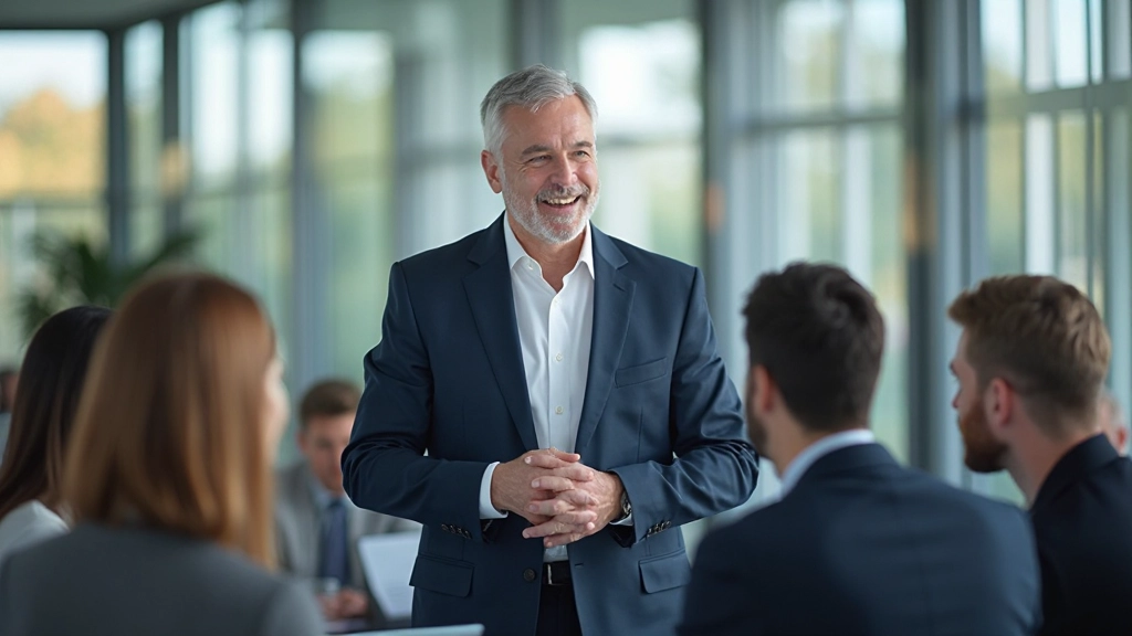 Professionele man in donker pak leidt teamvergadering in modern conferentiecentrum met tabel en ramen