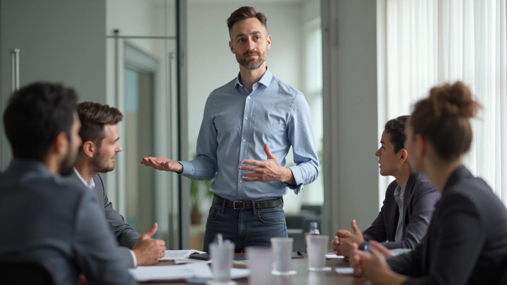 Manager presenteert strategische informatie aan diversiteitsgroep tijdens vergadering