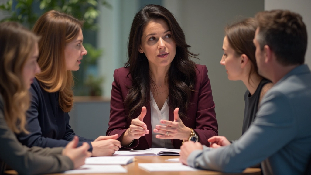 Vrouwelijke manager legt projectdetails uit aan diverse teamleden rond tafel met documenten