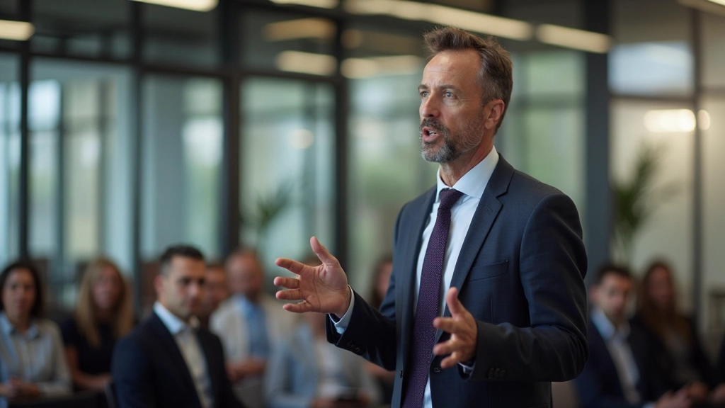 Professionele leider geeft inspirerend speech in modern bedrijfsomgeving