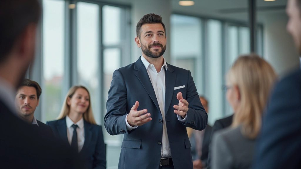 Professionele spreker presenteert overtuigend voor groot publiek in conferentiezaal