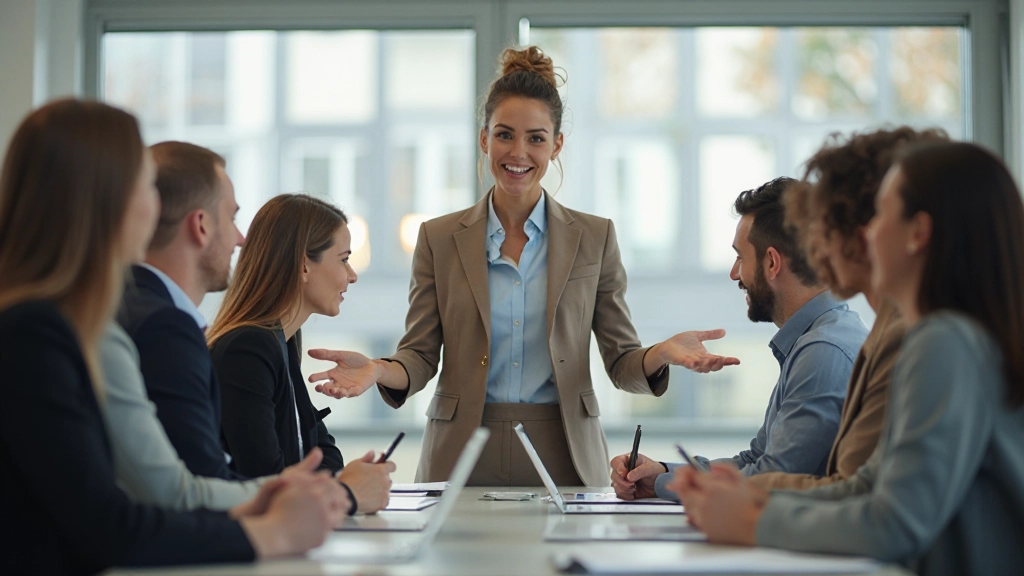 Professionele vrouw leidt een strategische discussie met haar team in een moderne conferentiekamer