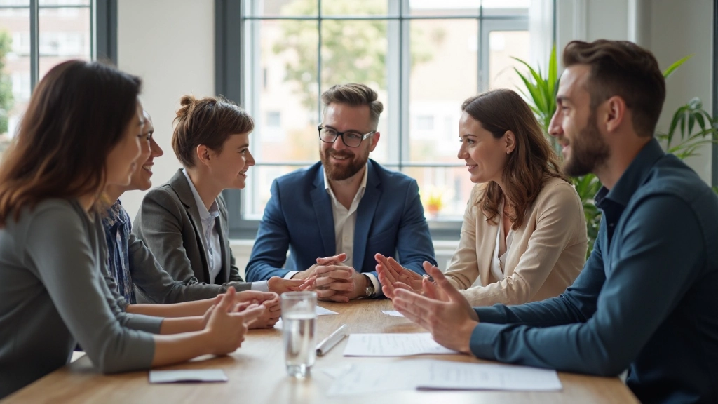 Leider en team in brainstormsessie met diverse teamleden die samenwerken