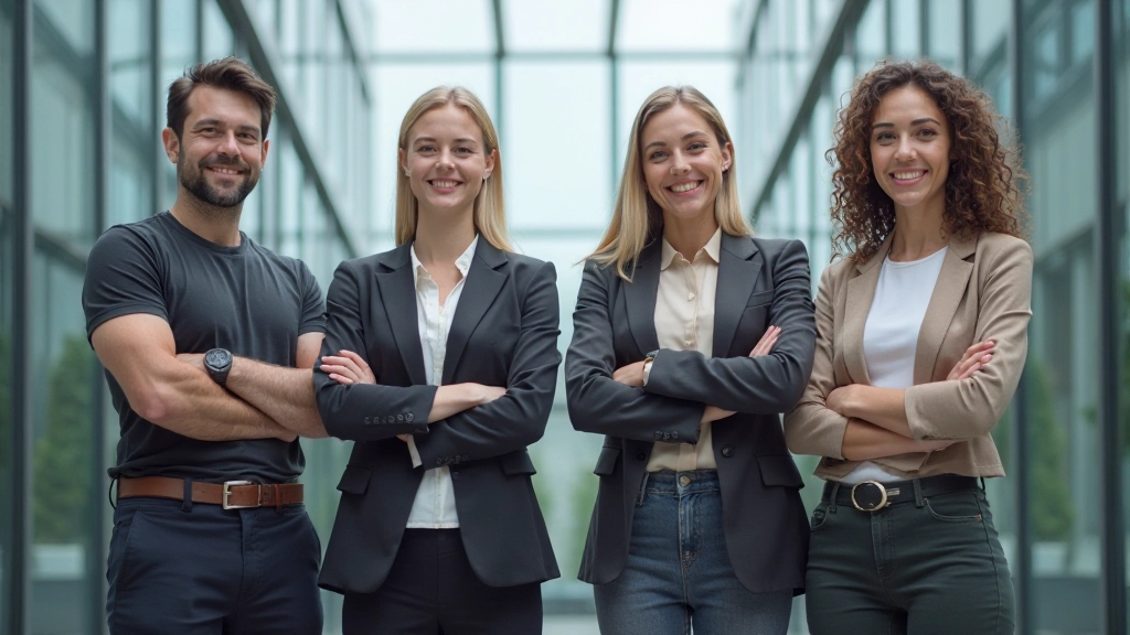 Professionele diverse groep leiders staand samen in modern kantooratrium met natuurlijk licht