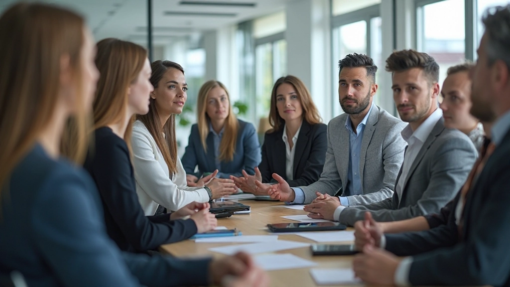 Professioneel team in modern kantoor luistert aandachtig naar presentatie van leider