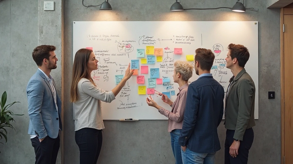 Teamleden collaboreren en brainstormen met sticky notes op muur in creatieve werkruimte
