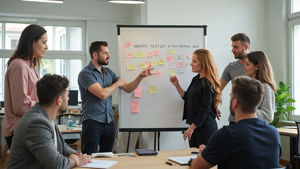 Team members collaborating and brainstorming with sticky notes on wall in creative workspace