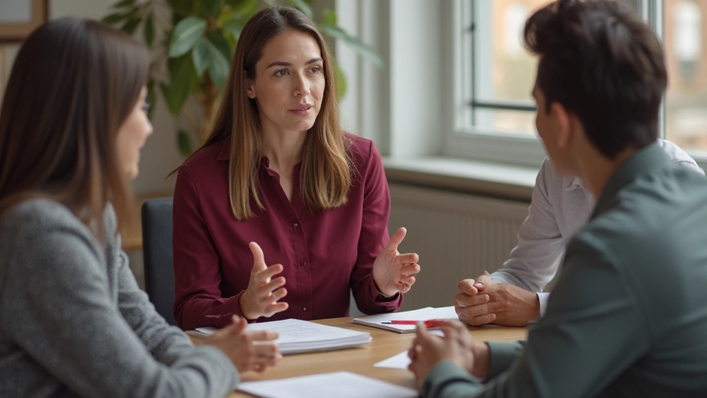 Female manager explaining project details to diverse team members around table with documents