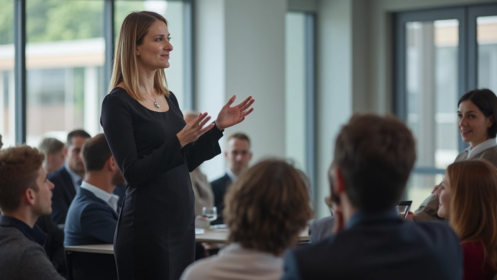 Confident woman presenting to audience in professional seminar hall with presentation screen