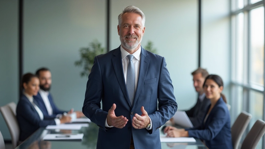 Professional man in business suit leading team meeting in modern conference room