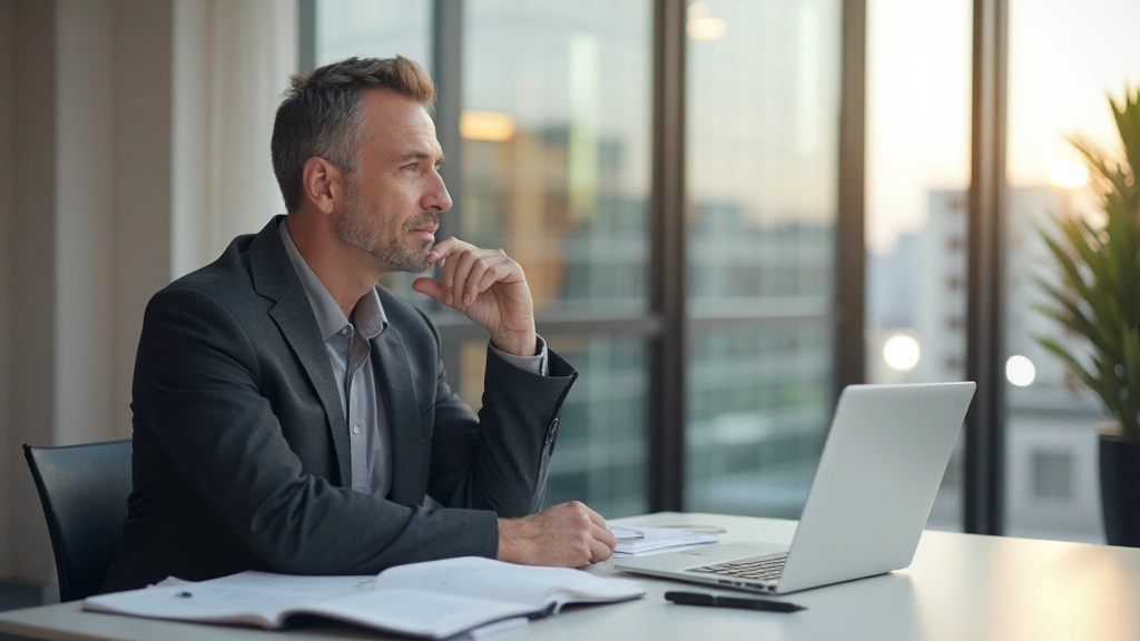 Male executive in thoughtful pose at desk with laptop and strategic planning materials