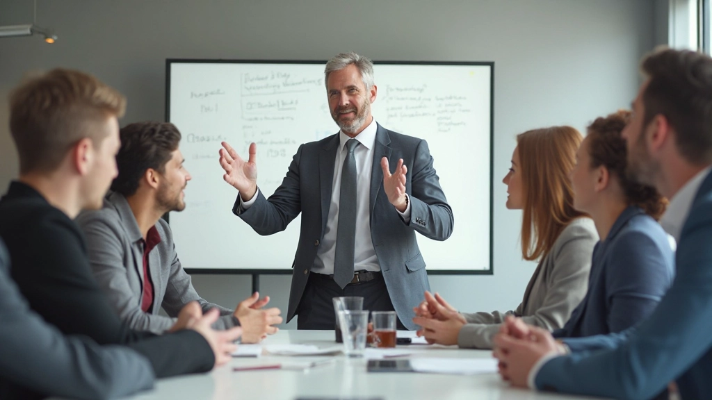 Succesvolle manager leidt een gemotiveerd team tijdens een brainstormsessie