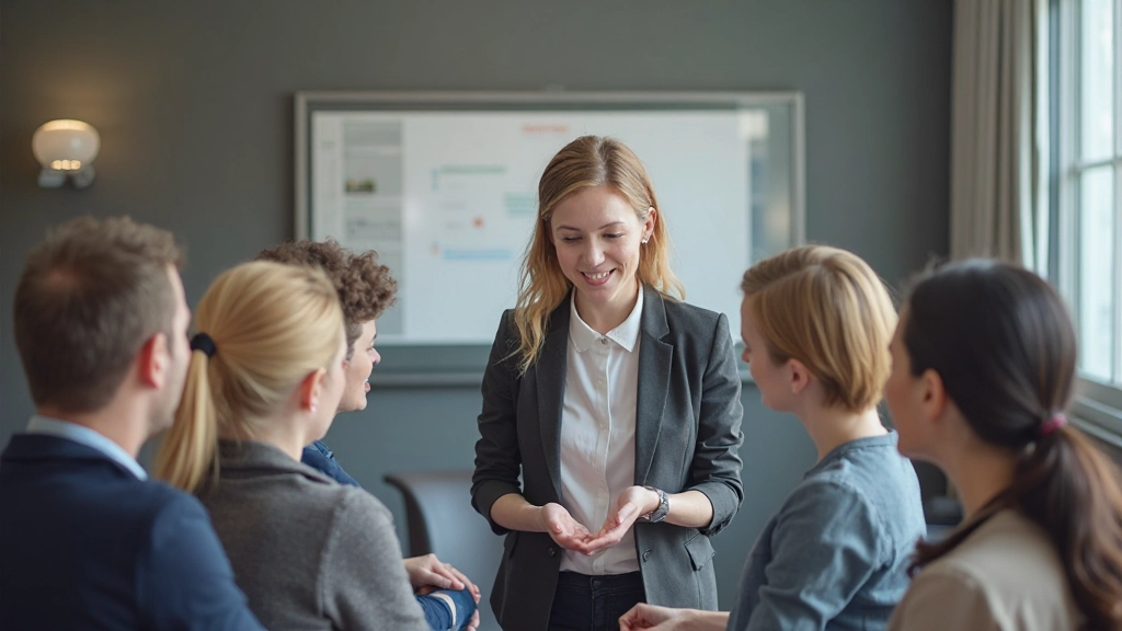 Professionele trainer geeft feedback aan diverse teamleden in een trainingsworkshop